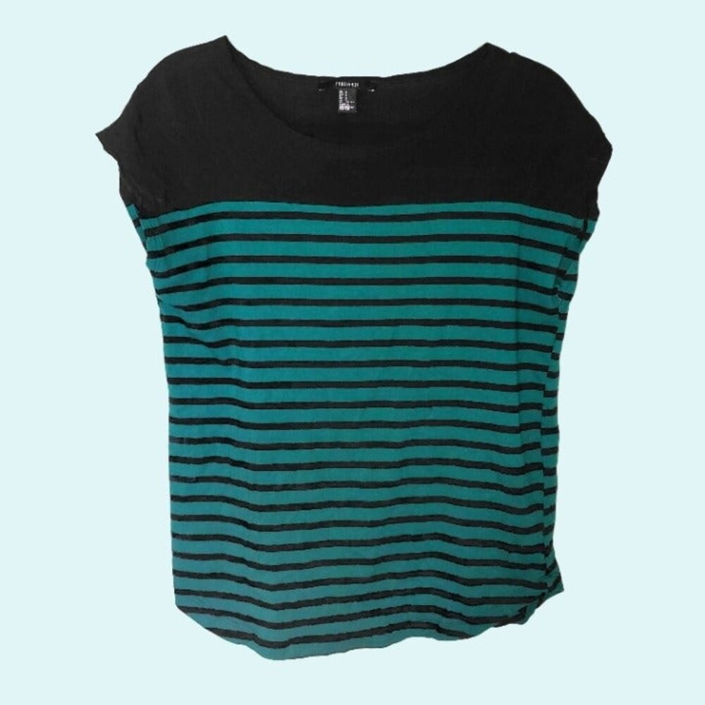 FOREVER 21 Casual Teal Striped Shirt Size L